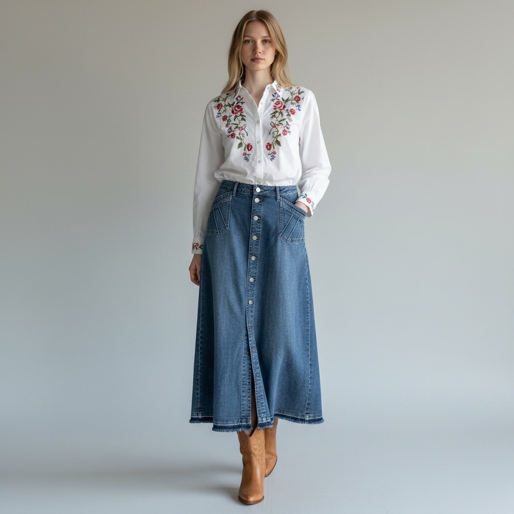 Wash Lab Denim Royal Button Front High Rise Long A Line Jean Maxi Skirt Sz 32/14